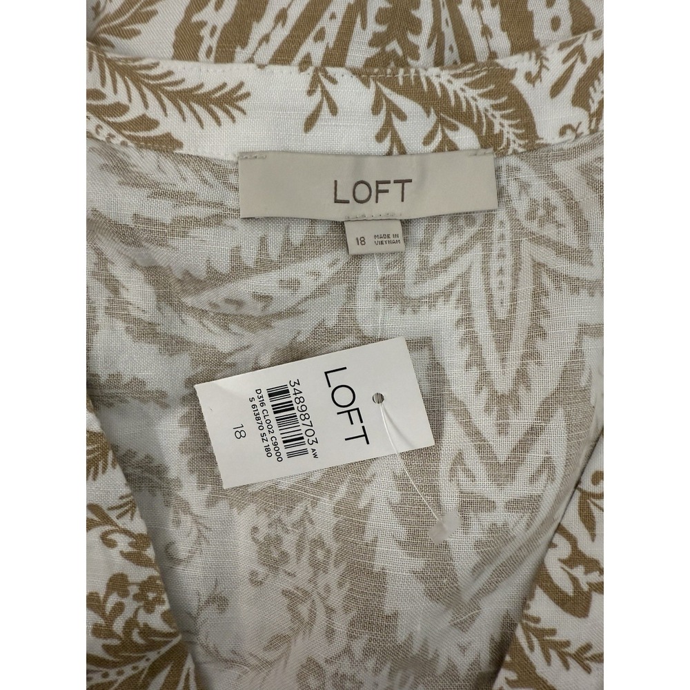 NWT LOFT Linen Blend Empire Waist Button Front Paisley Beige Dress Size 18 - Picture 3 of 7